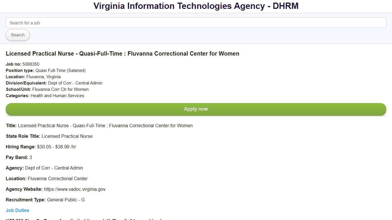 Virginia Information Technologies Agency - DHRM - Licensed Practical Nurse - Quasi-Full-Time : Fluvanna Correctional Center for Women